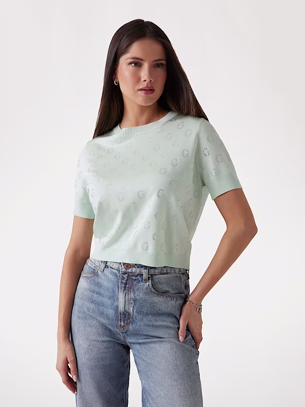 Cropped rhinestone logo sweater - GUESS