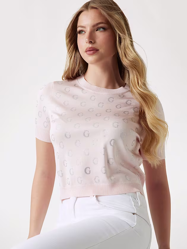 Cropped rhinestone logo sweater - GUESS