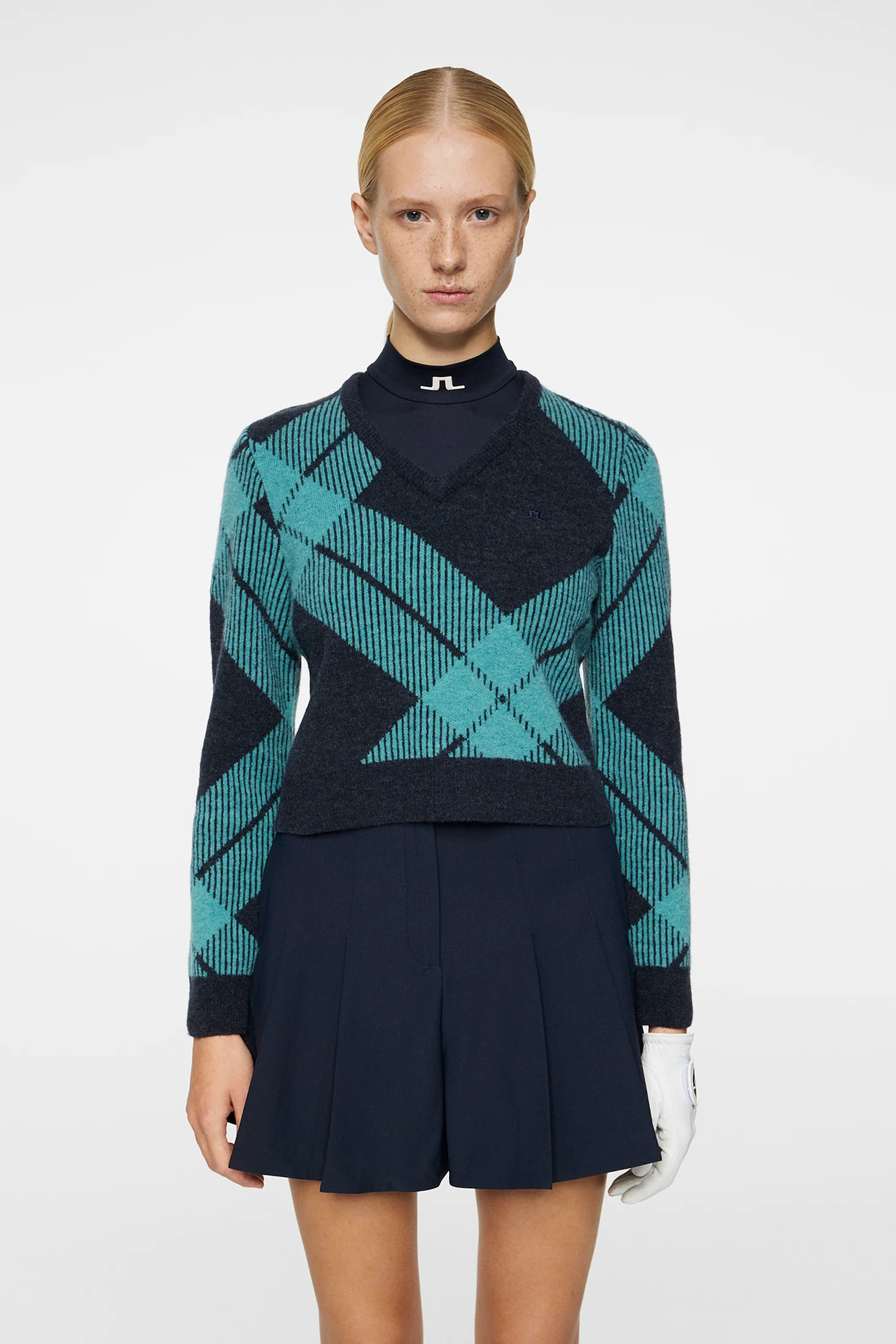 Brea Knitted V-Neck Glenmuir Tartan Teal L