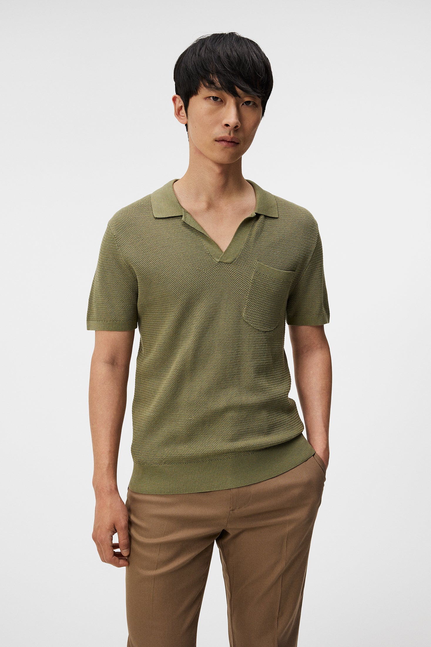 Ben Open Collar Polo Oil Green