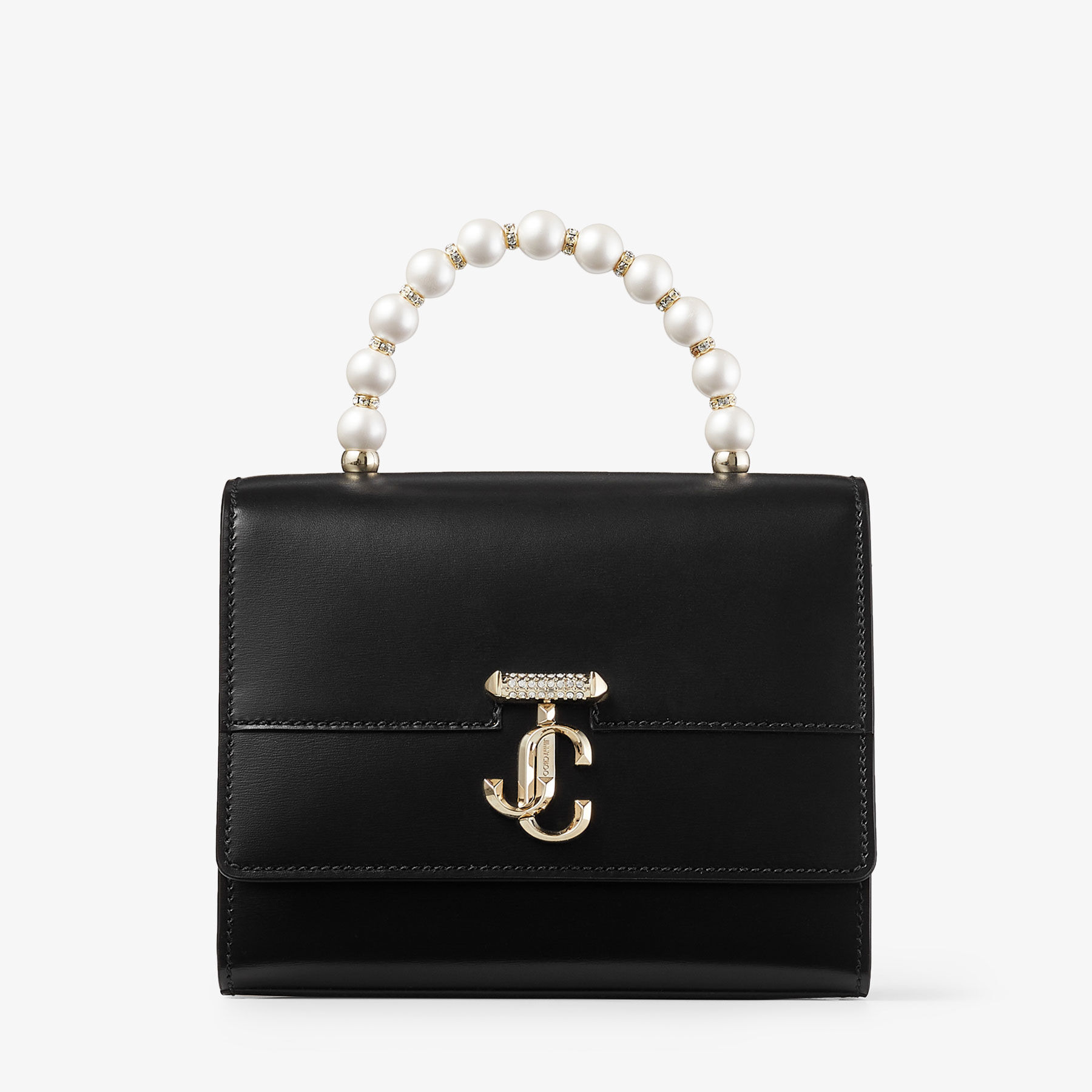 Avenue Top Handle S Black Box Leather Top Handle Bag with Pearls