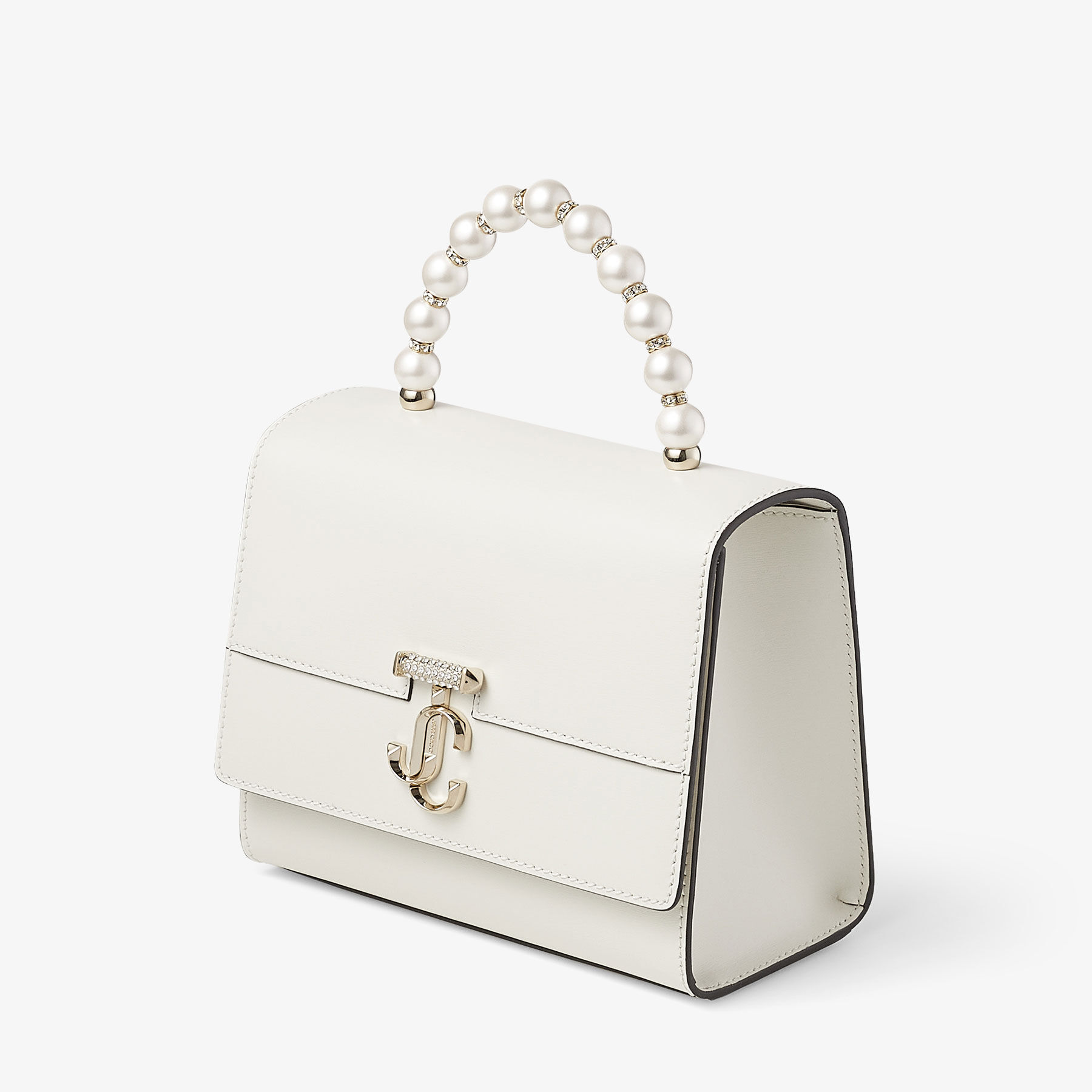 Avenue Top Handle S Latte Box Leather Top Handle Bag with Pearls