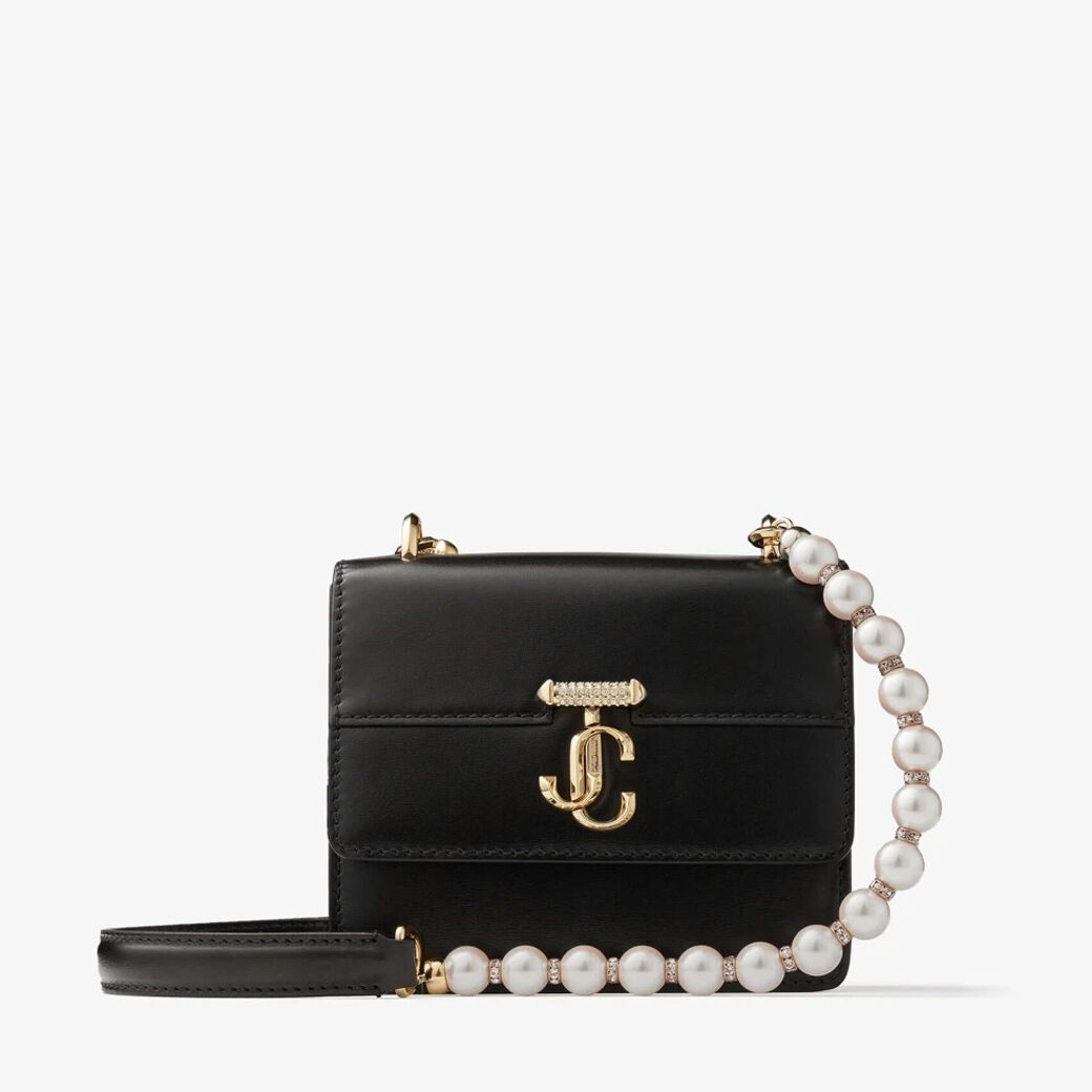 Avenue Quad XS Black Leather Shoulder Bag with Pearl Strap
