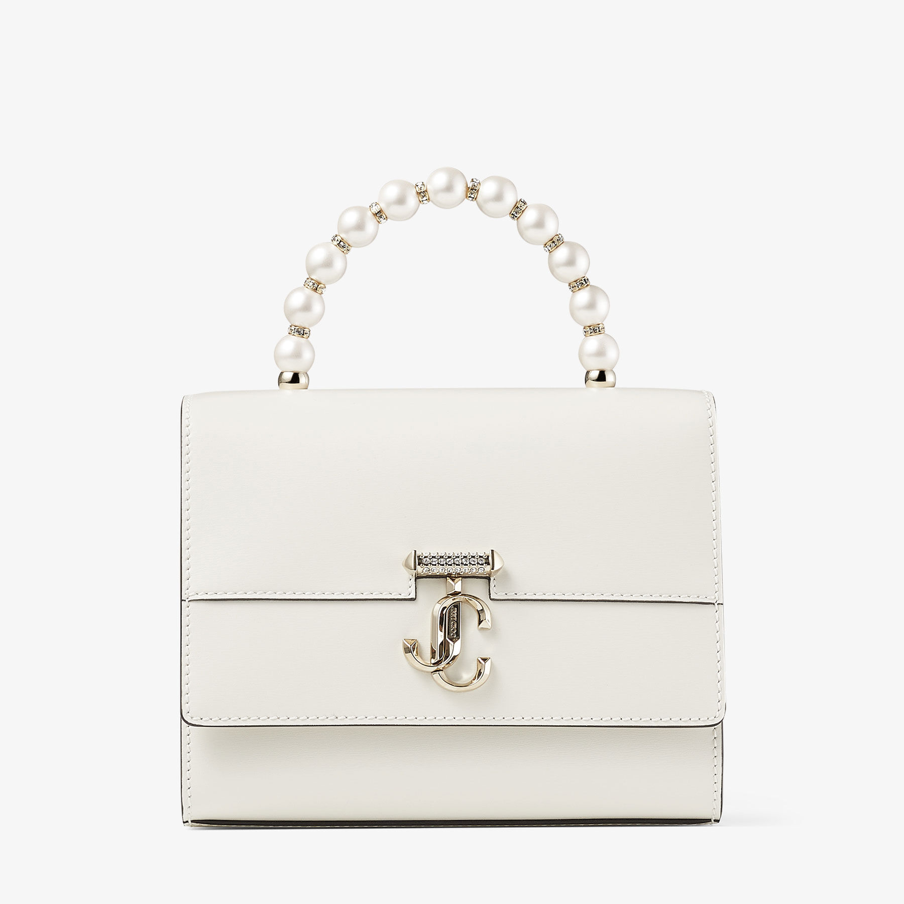 Avenue Top Handle S Latte Box Leather Top Handle Bag with Pearls