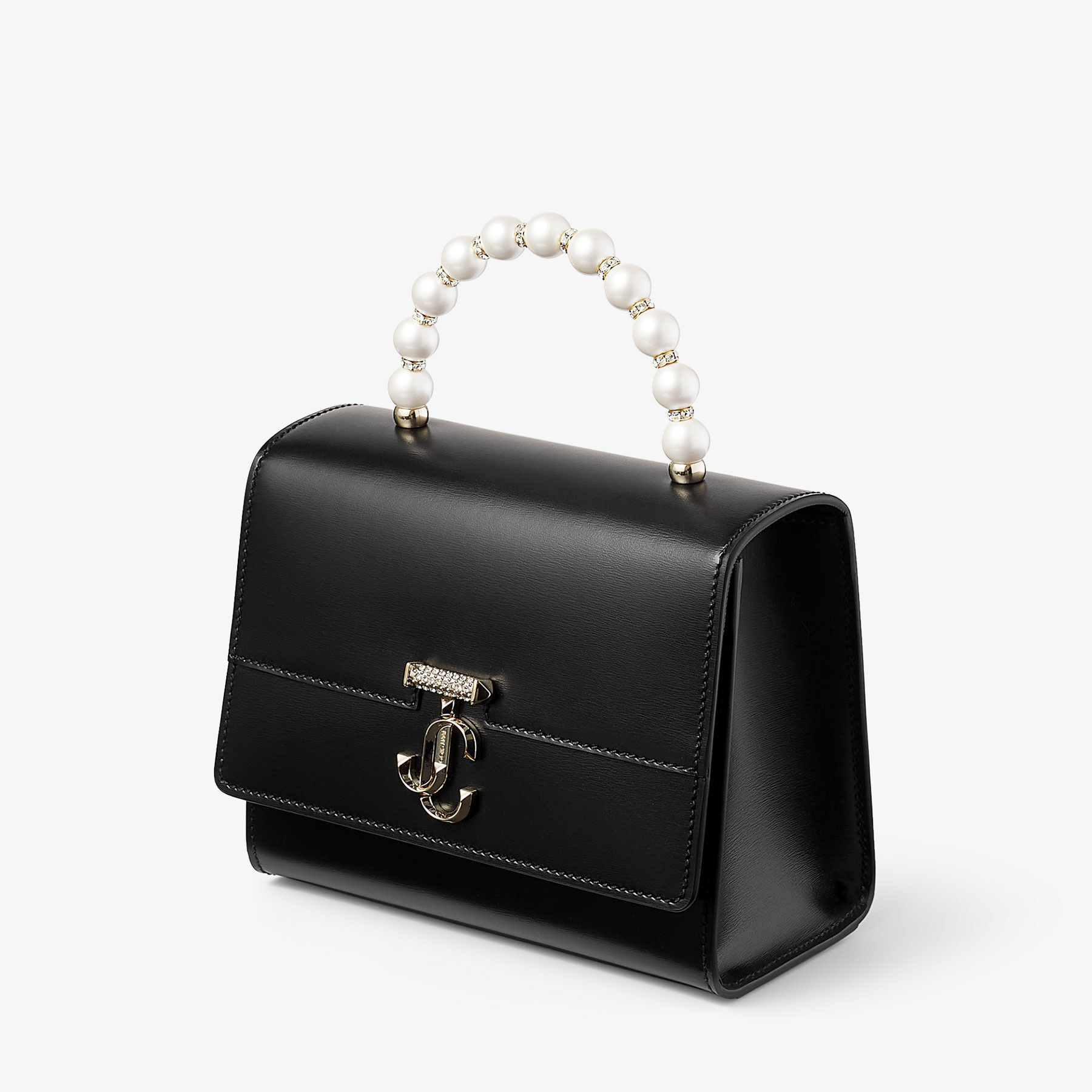 Avenue Top Handle S Black Box Leather Top Handle Bag with Pearls
