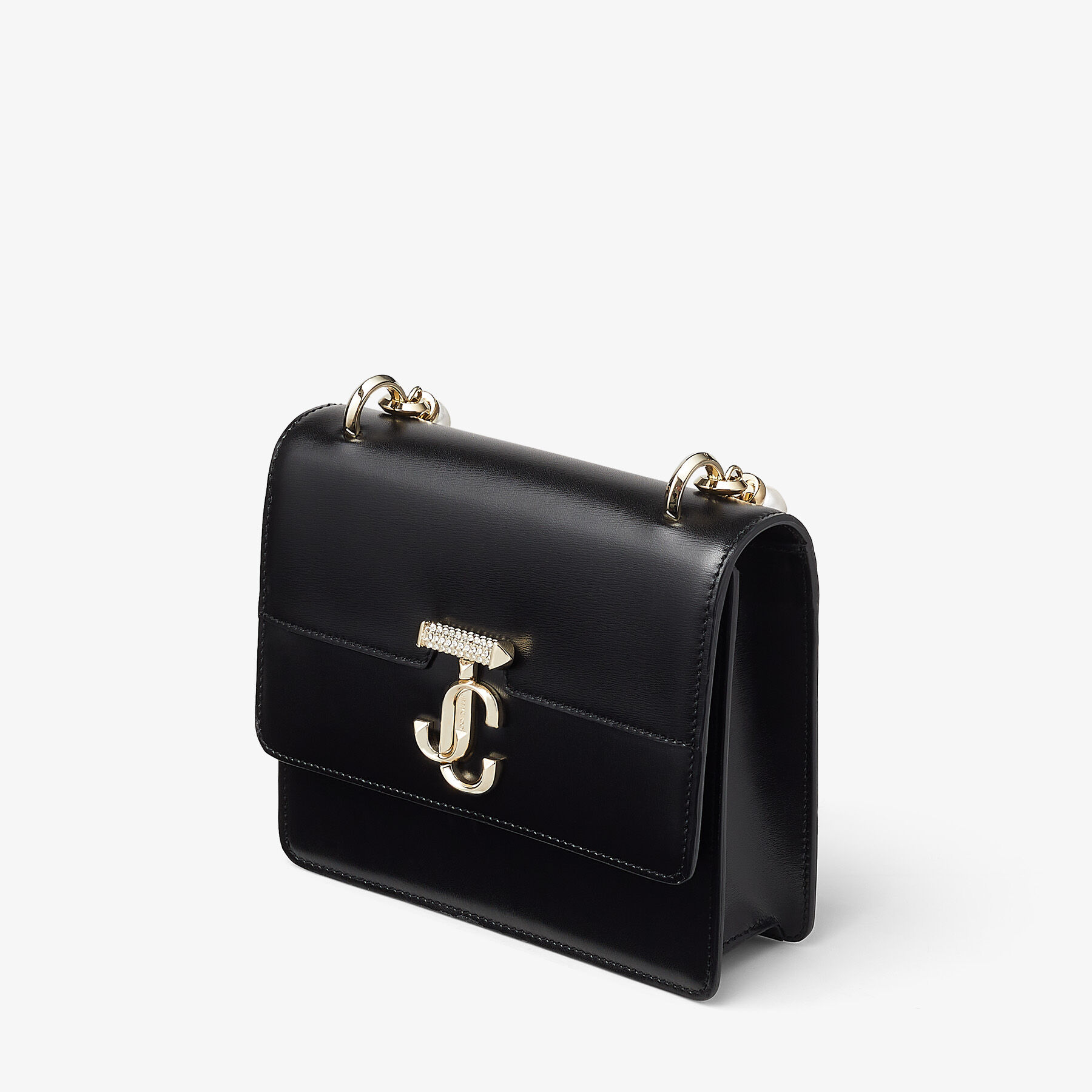 Avenue Quad XS Black Leather Shoulder Bag with Pearl Strap