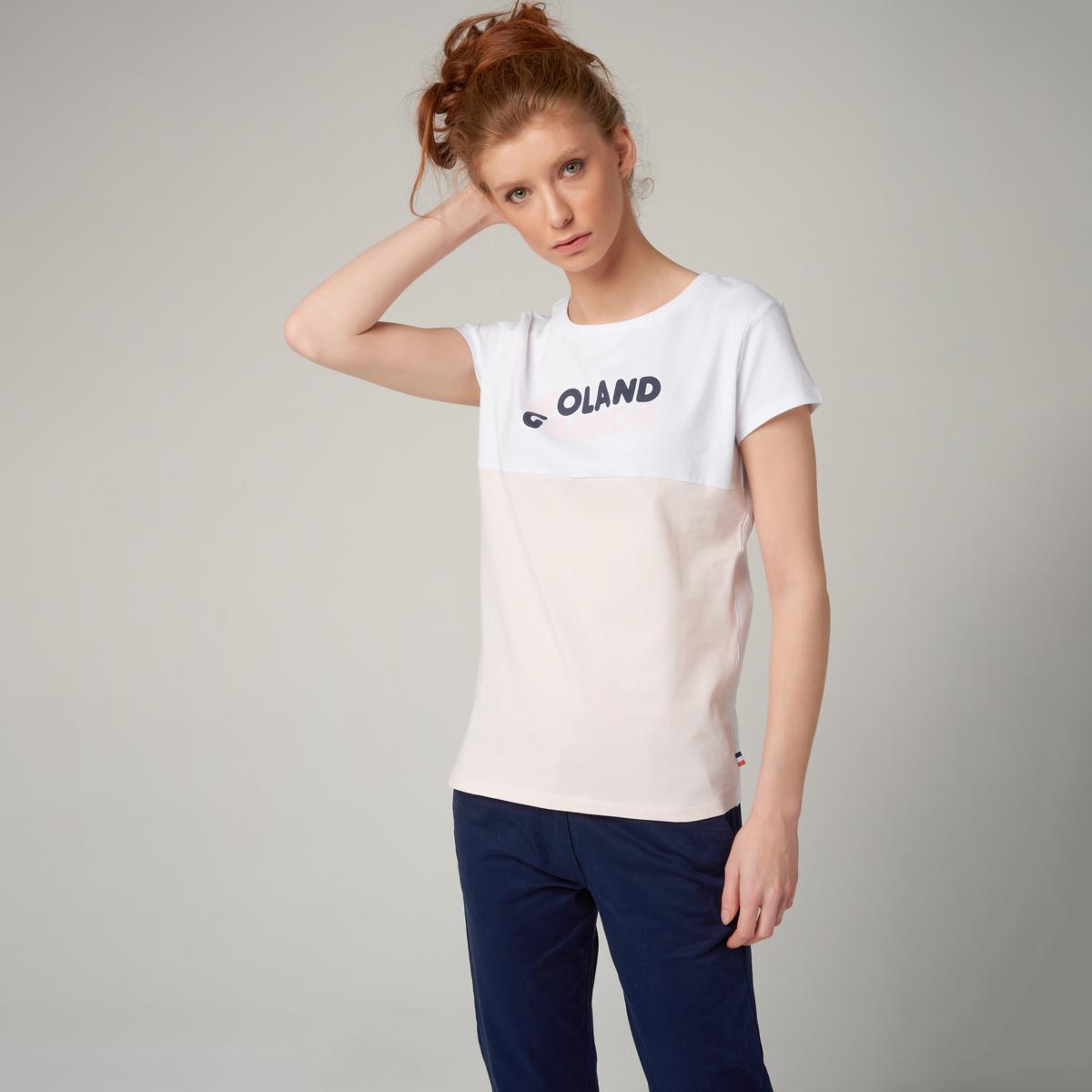 Woman's Roland-Garros Color Block Round Neck T-Shirt - pink and white - ROLAND-GARROS
