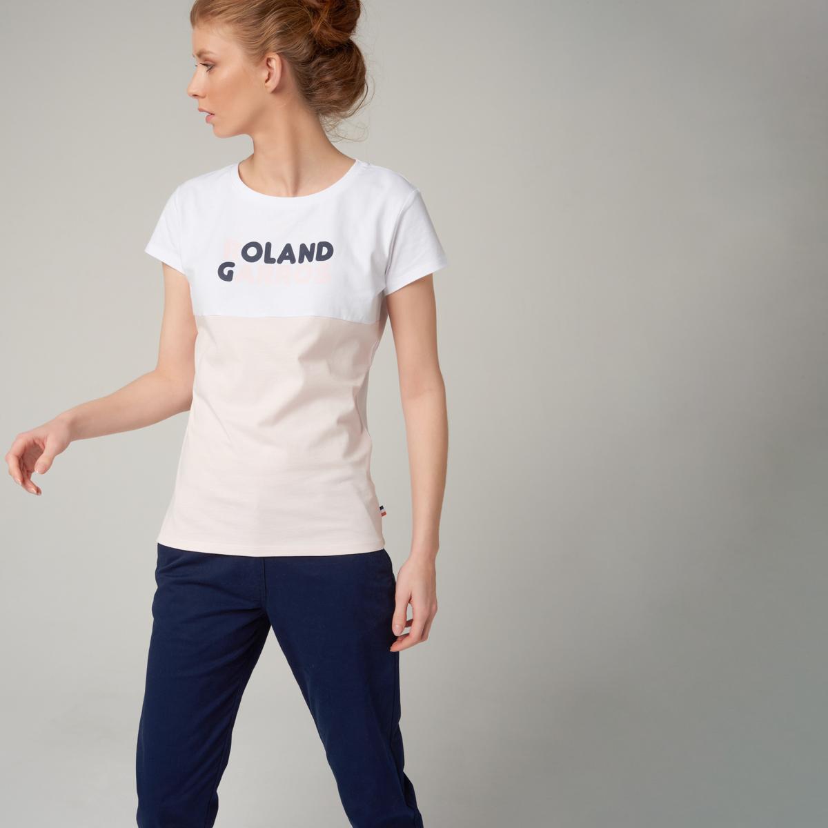 Woman's Roland-Garros Color Block Round Neck T-Shirt - pink and white - ROLAND-GARROS