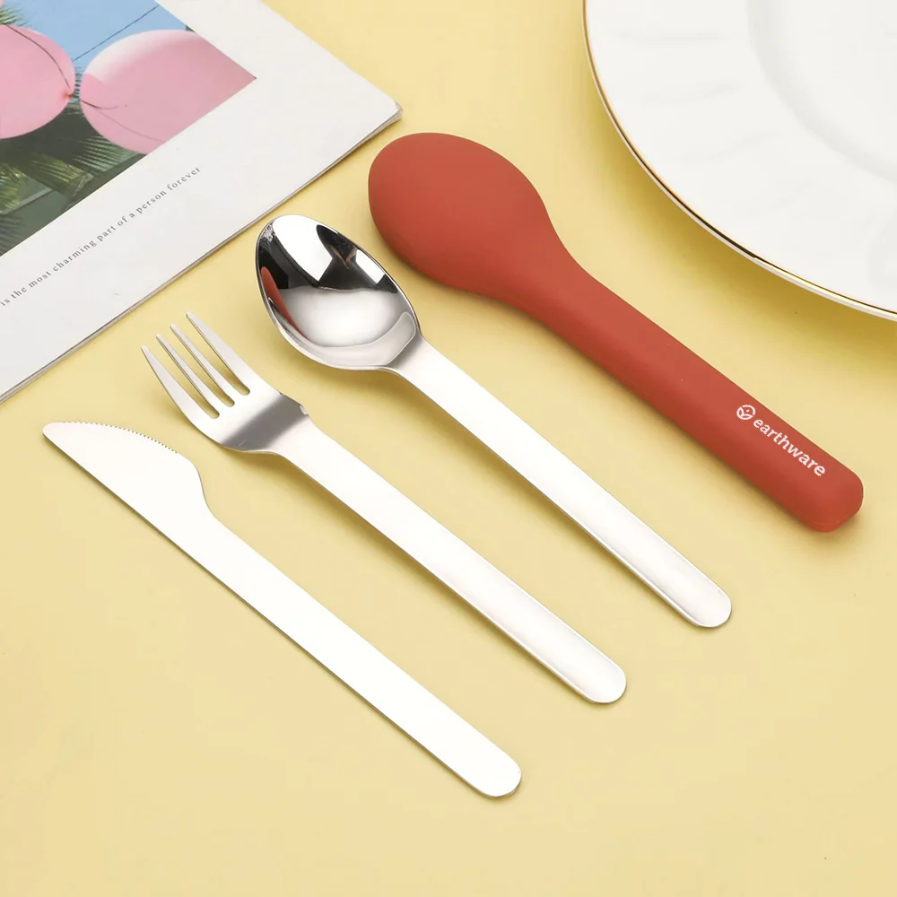Stainless Steel 3 Piece Reusable Cutlery Set with Protective Silicone Sleeve - Terracotta