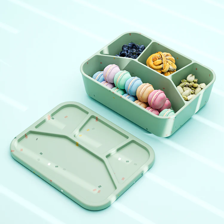 No-Tox Silicone Bento Lunch Box - 4 Compartments - Confetti Olive (1.2L)