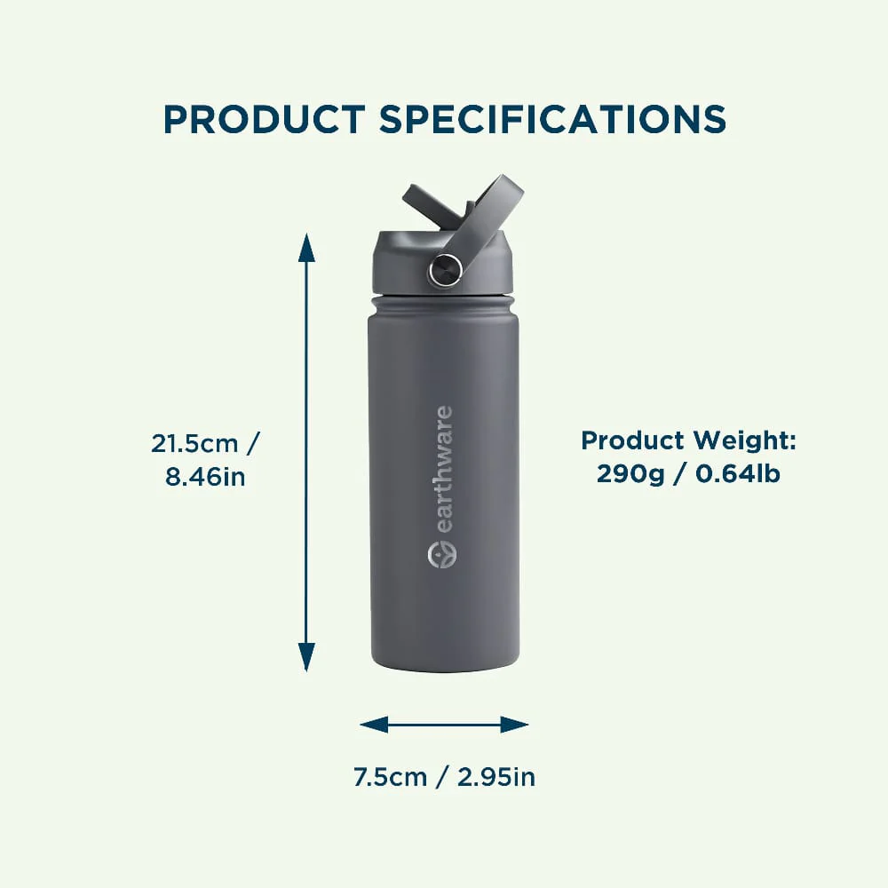 Earth Bottle Premium Insulated Water Bottle with 2 x Caps - Gray (550ml)