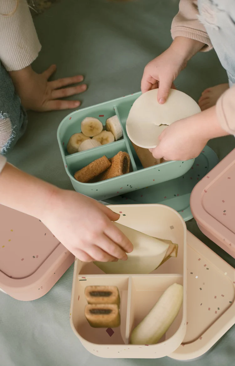 No-Tox Silicone Bento Lunch Box - 3 Compartments - Confetti Olive (715ml)