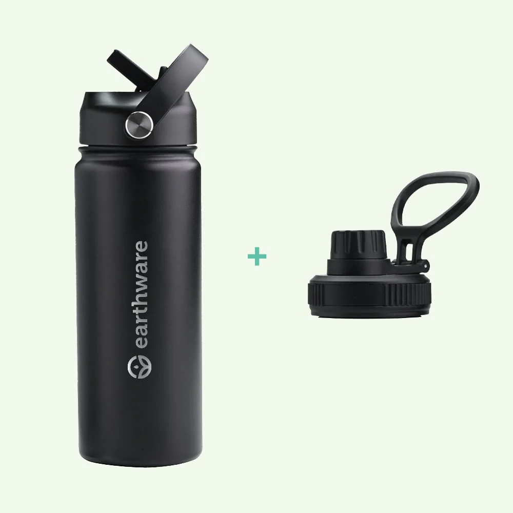Earth Bottle Premium Insulated Water Bottle with 2 x Caps - Black (550ml)