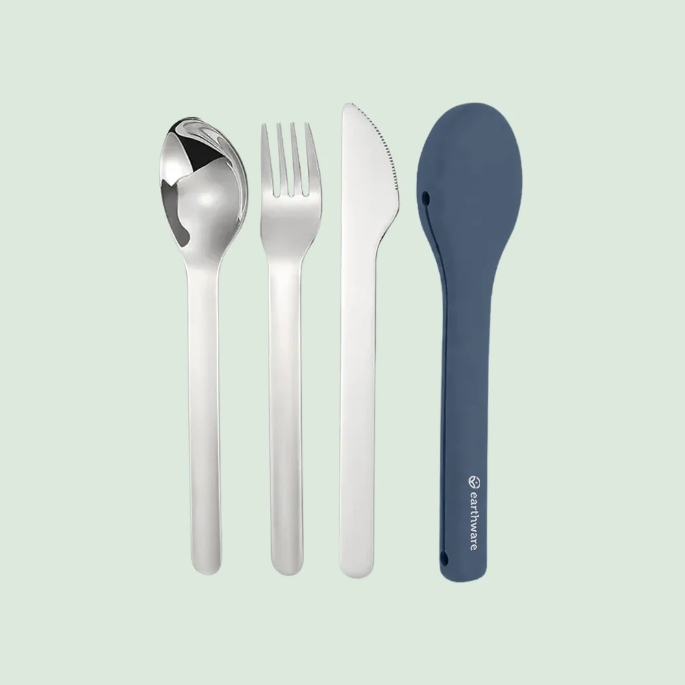 Stainless Steel 3 Piece Reusable Cutlery Set with Protective Silicone Sleeve - Blue