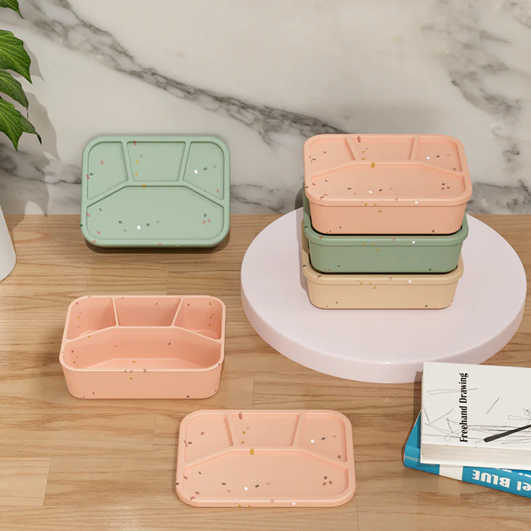 No-Tox Silicone Bento Lunch Box - 4 Compartments - Confetti Olive (1.2L)