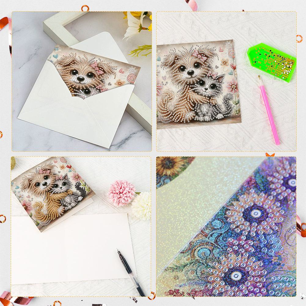 6Pcs DIY Diamond Painting Greeting Card - Cute Cat Dog