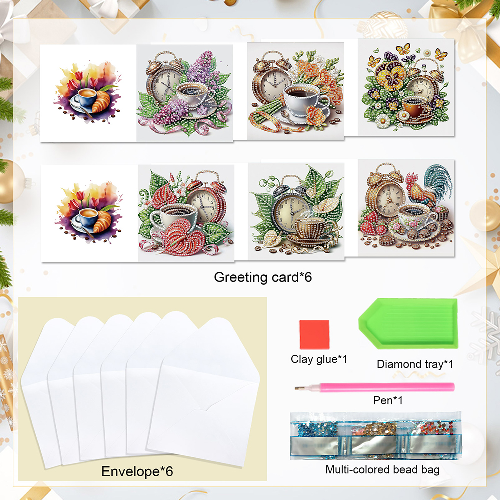 6Pcs DIY Diamond Painting Birthday Greeting Card - Coffee Afternoon Tea