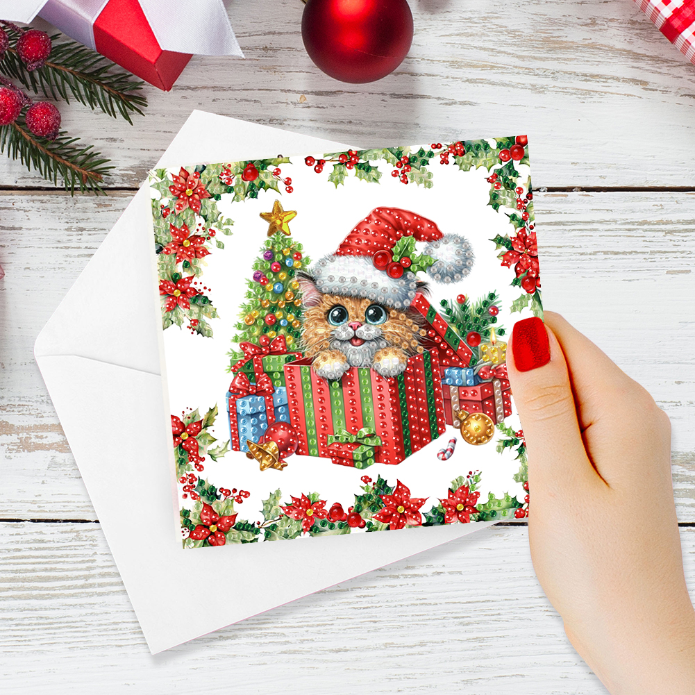 6Pcs DIY Diamond Painting Greeting Card - Christmas Cat