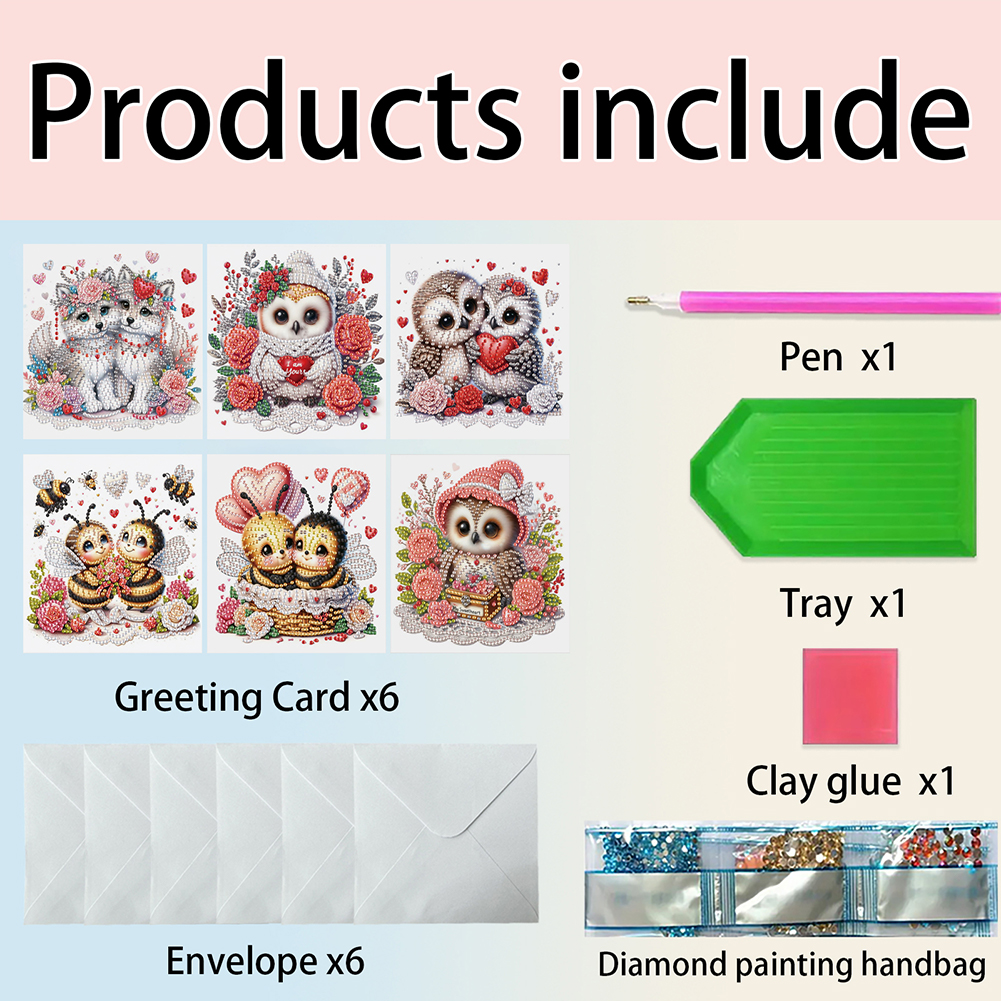 6Pcs DIY Diamond Painting Greeting Card - Animals