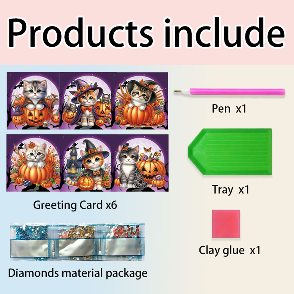 (Limited Stock)6Pcs DIY Diamond Painting Greeting Card - Halloween Cat