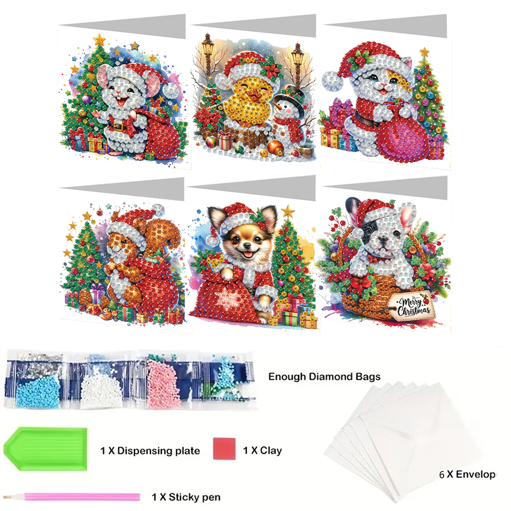 (Limited Stock)6Pcs DIY Diamond Painting Greeting Card - Xmas Animals