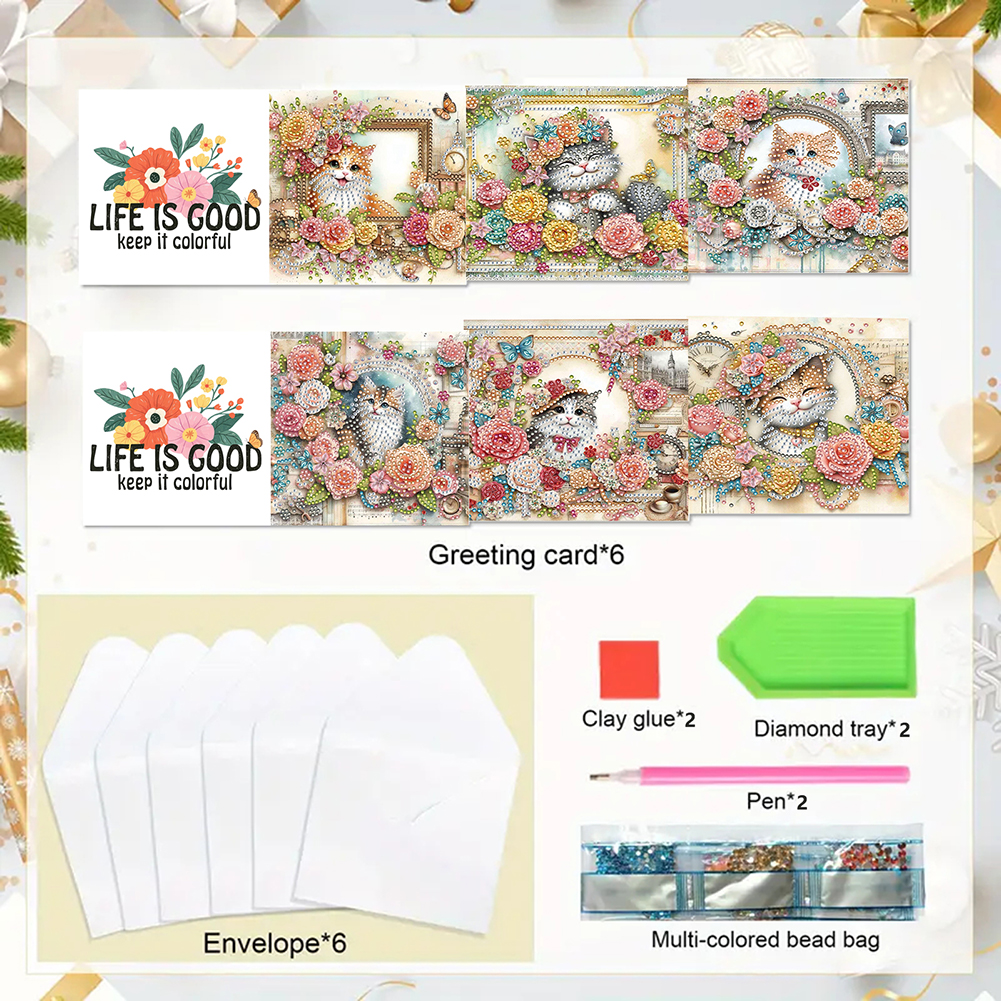 6Pcs DIY Diamond Painting Greeting Card - Cat Garden