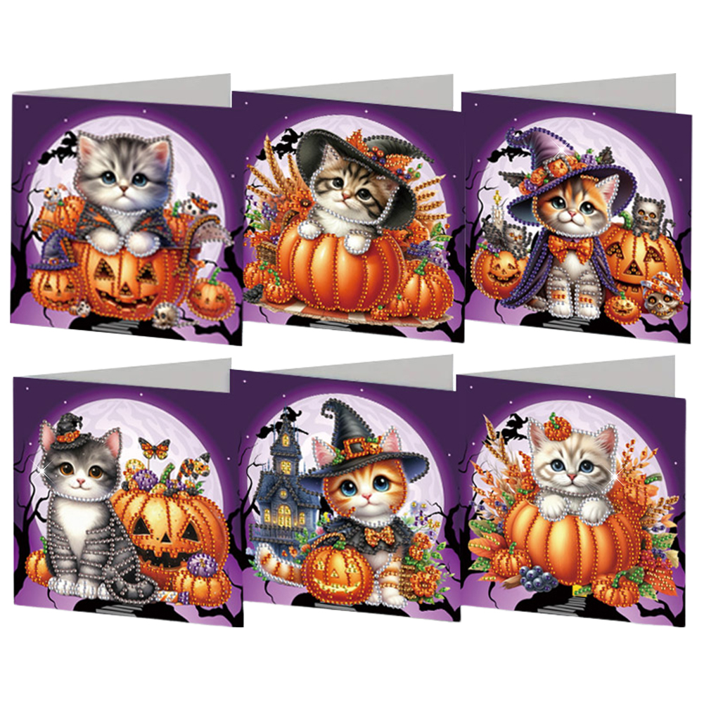 (Limited Stock)6Pcs DIY Diamond Painting Greeting Card - Halloween Cat
