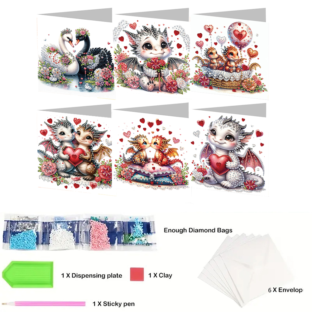 6Pcs DIY Diamond Painting Greeting Card - Valentines Day Dinosaur