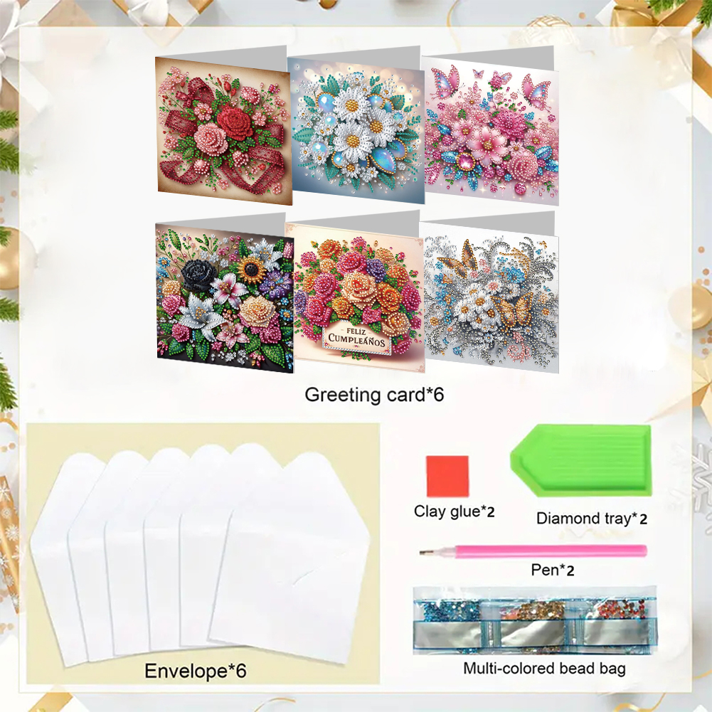 6Pcs DIY Diamond Painting Greeting Card - Flowers