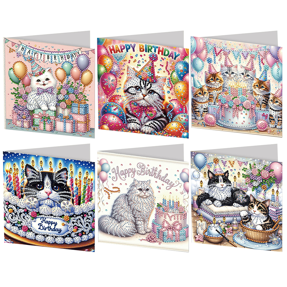6Pcs DIY Diamond Painting Birthday Birthday Greeting Card - Birthday Cat