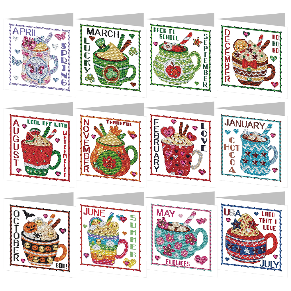 12pcs DIY Diamond Painting Greeting Card - Month Calendar