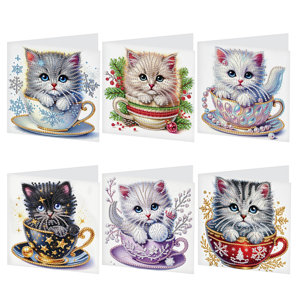 6Pcs DIY Diamond Painting Greeting Card - Teacup Cat