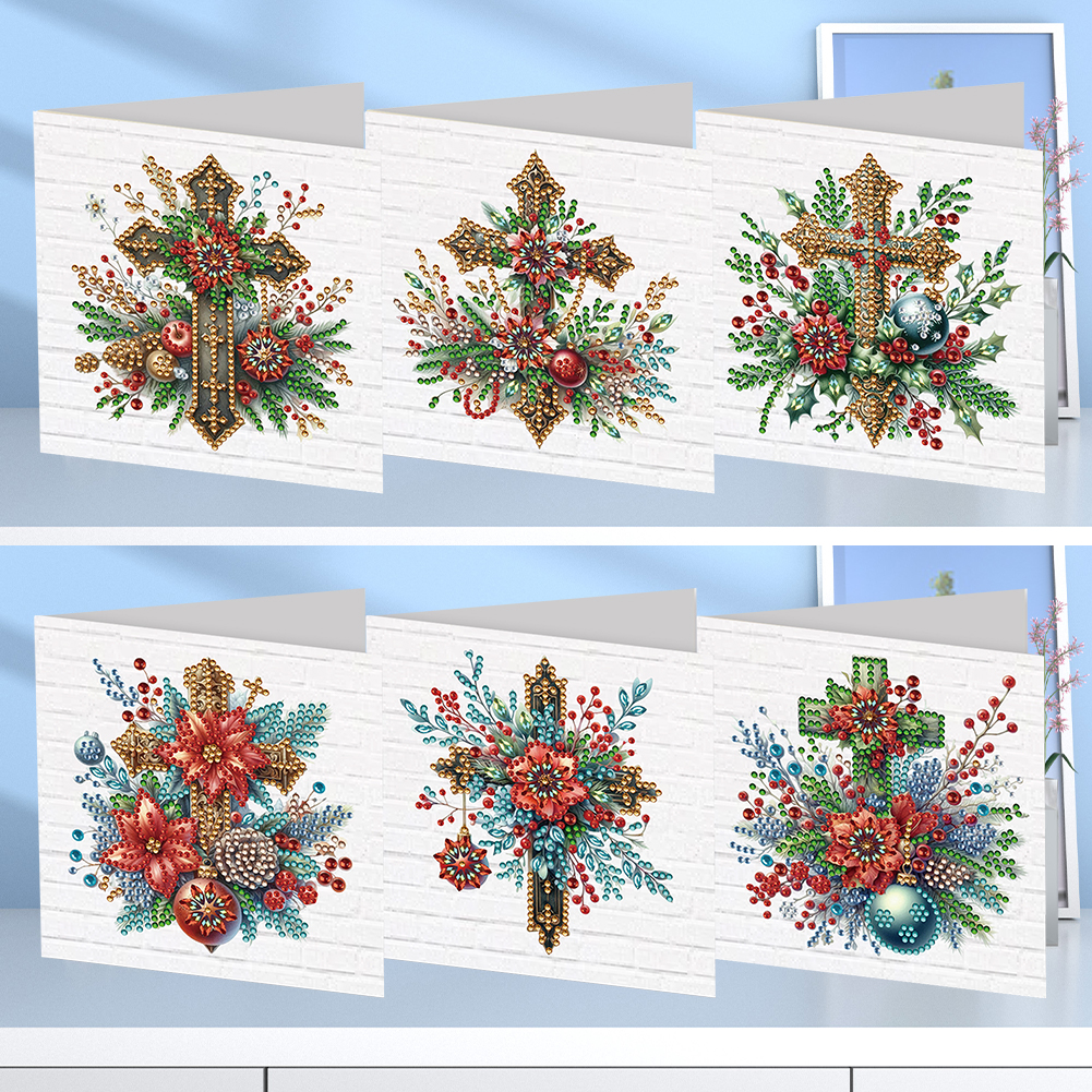 6Pcs DIY Diamond Painting Greeting Card - Red Flower Cross
