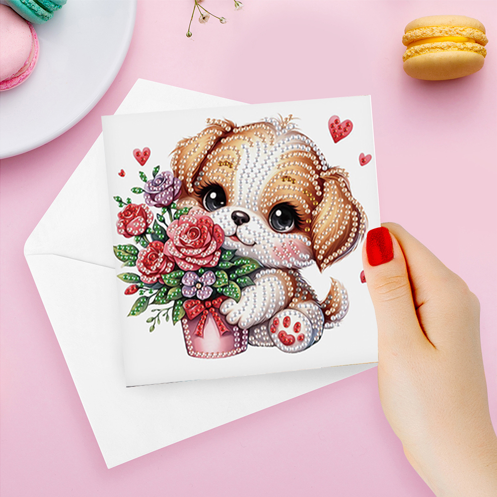 6Pcs DIY Diamond Painting Greeting Card - Flower Puppy