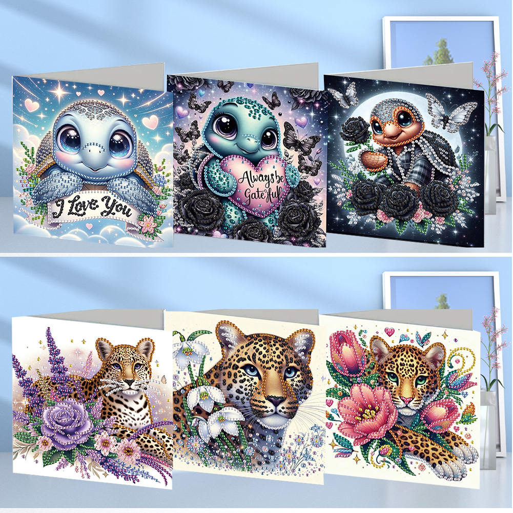6Pcs DIY Diamond Painting Greeting Card - Tortoise Leopard