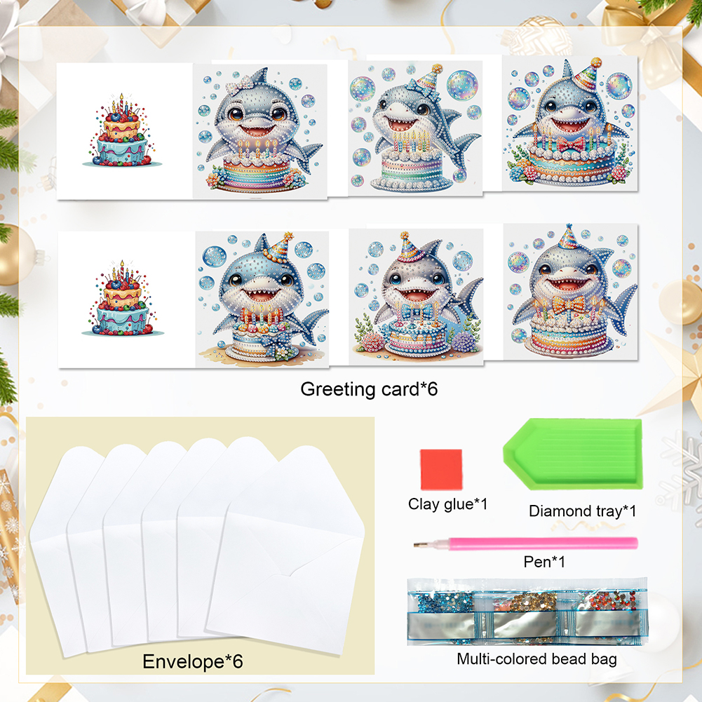 6Pcs DIY Diamond Painting Birthday Greeting Card - Shark for Family Friends