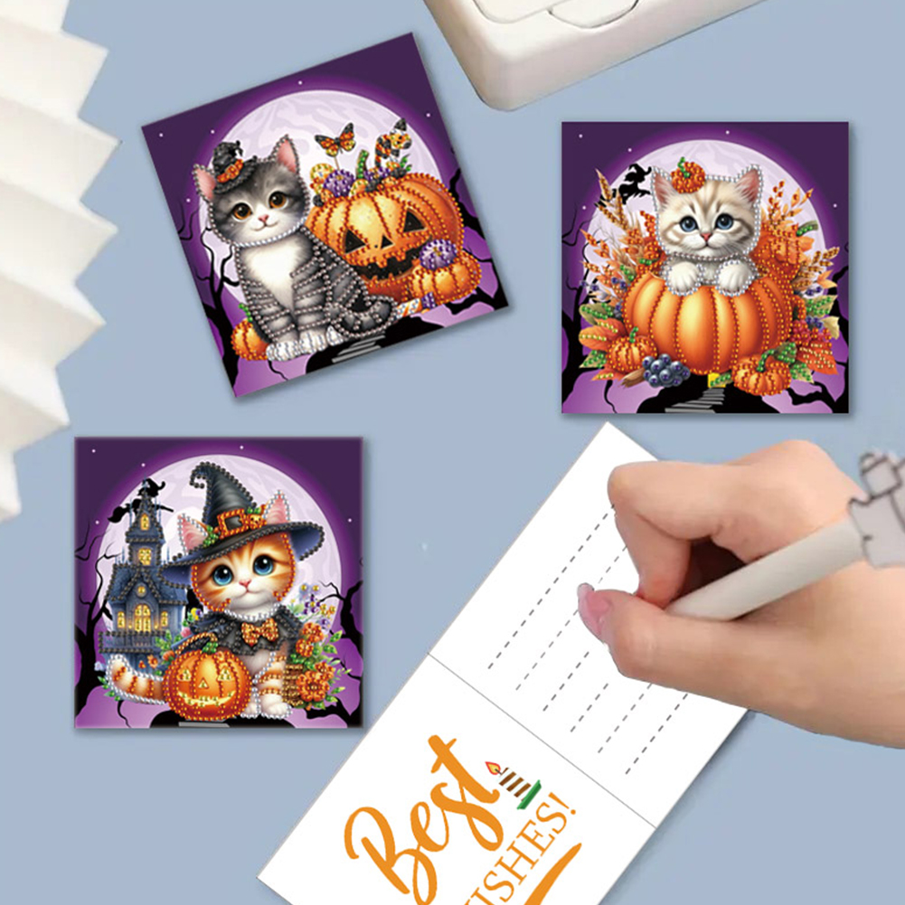 (Limited Stock)6Pcs DIY Diamond Painting Greeting Card - Halloween Cat