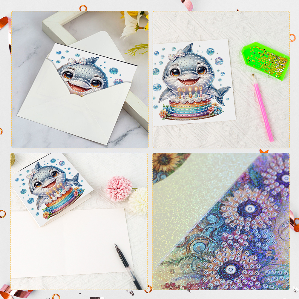 6Pcs DIY Diamond Painting Birthday Greeting Card - Shark for Family Friends