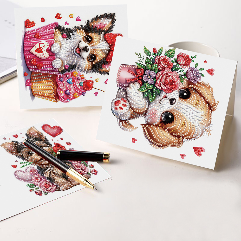 6Pcs DIY Diamond Painting Greeting Card - Flower Puppy
