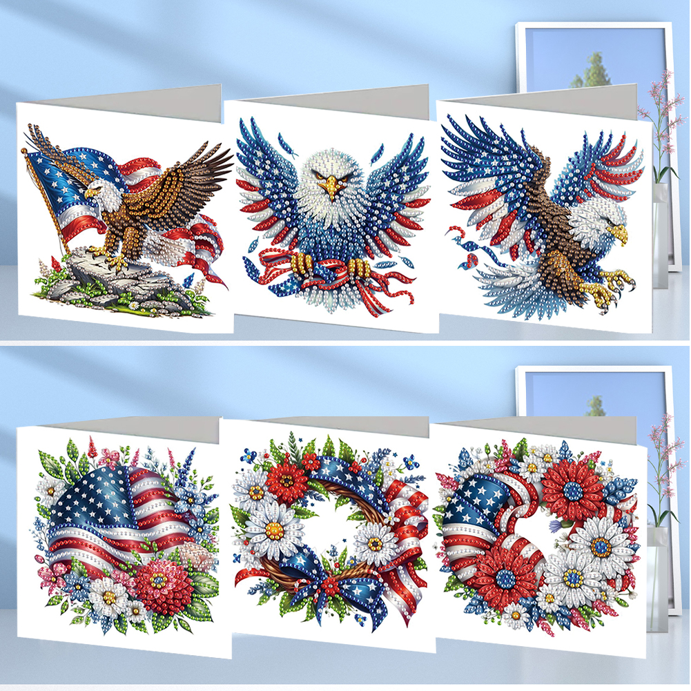 6Pcs DIY Diamond Painting Greeting Card - American Flag Eagle Wreath