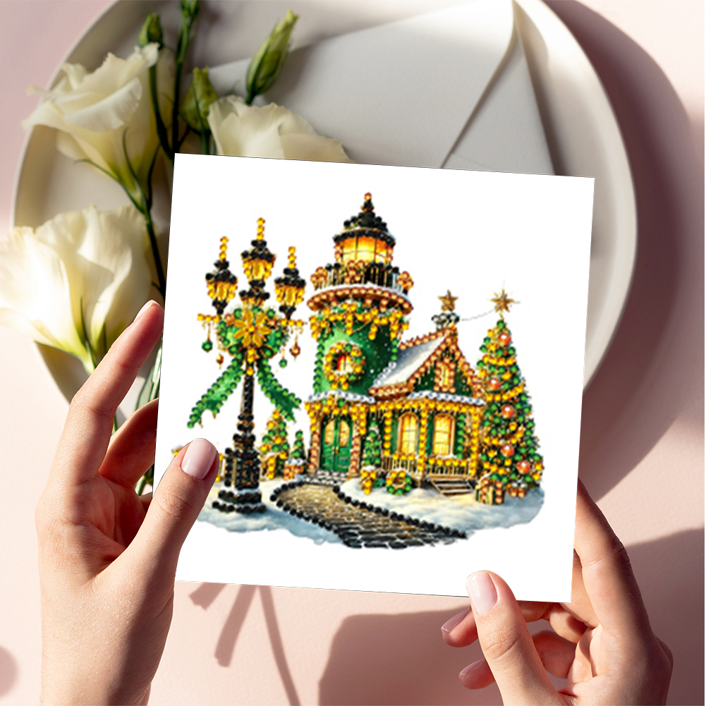 6Pcs DIY Diamond Painting Greeting Card - Xmas Lighthouse & Gift
