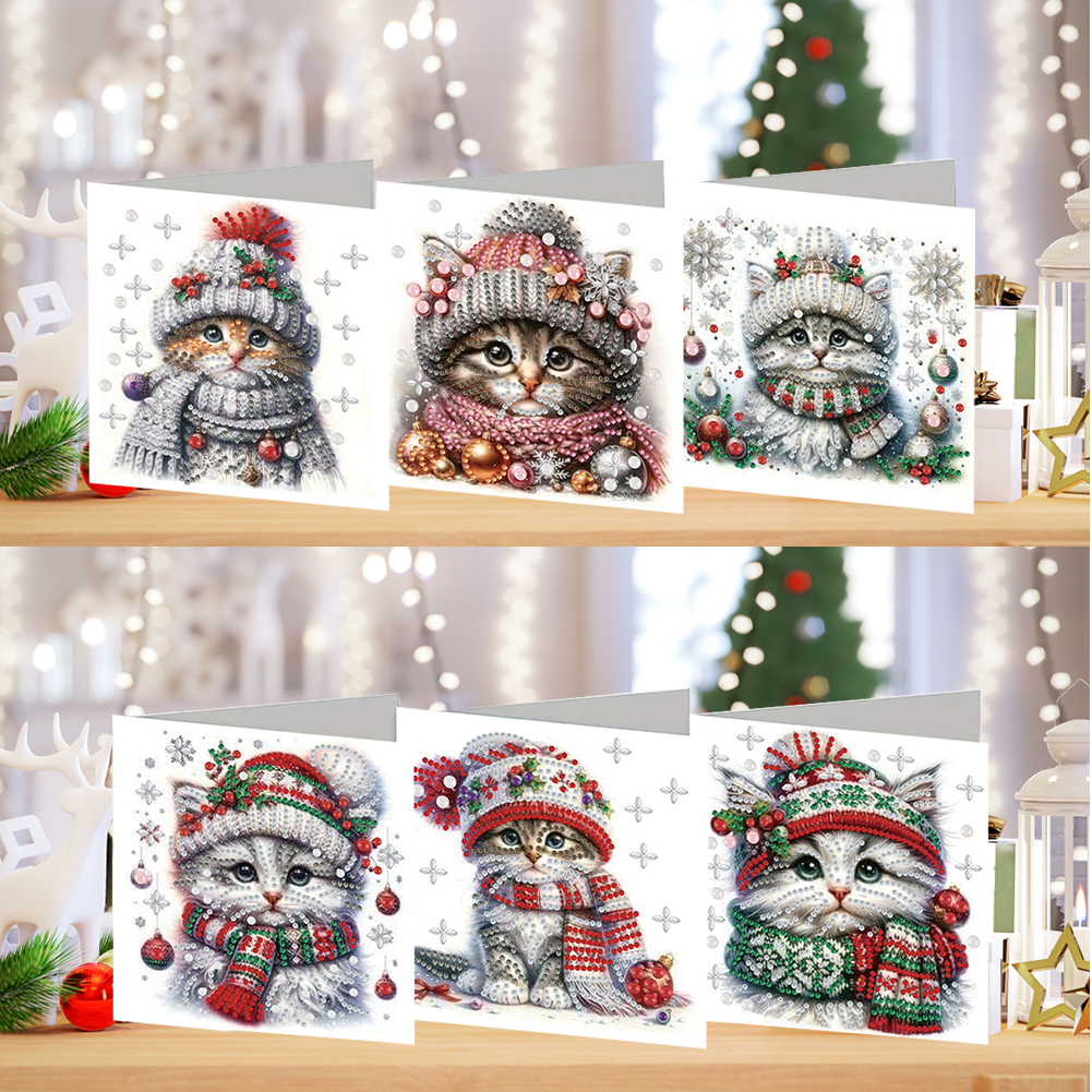 6Pcs DIY Diamond Painting Greeting Card - Christmas Cat