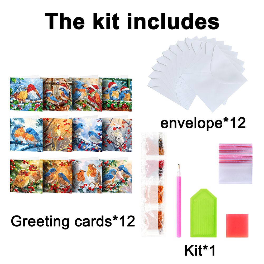 12Pcs DIY Diamond Painting Greeting Card -  Christmas Bird
