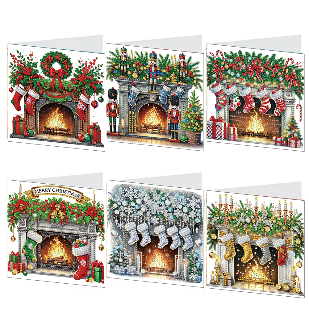6Pcs DIY Diamond Painting Greeting Card - Xmas Fireplace