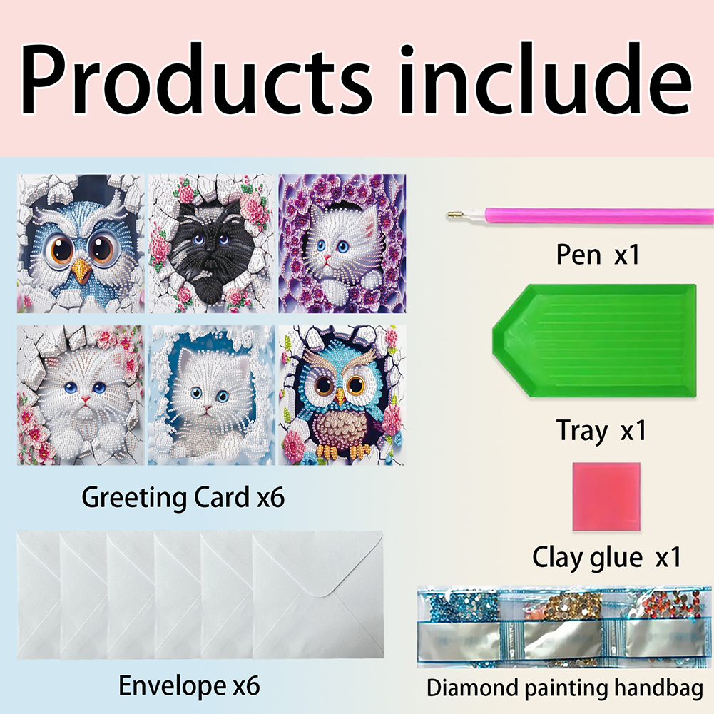 6Pcs DIY Diamond Painting Greeting Card - Owl Cat