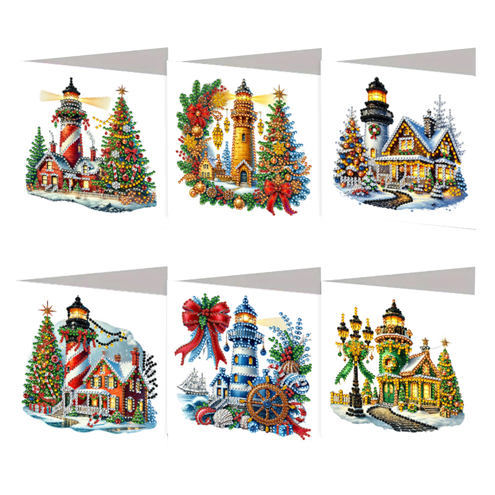 6Pcs DIY Diamond Painting Greeting Card - Xmas Lighthouse & Gift