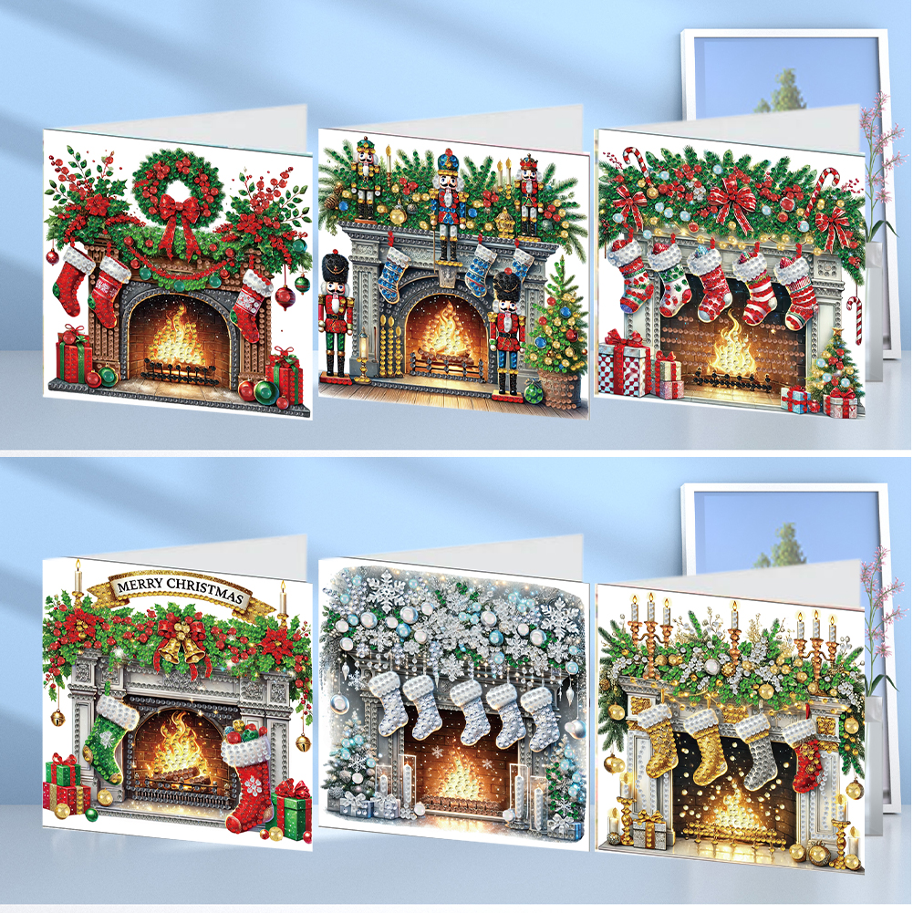 6Pcs DIY Diamond Painting Greeting Card - Xmas Fireplace