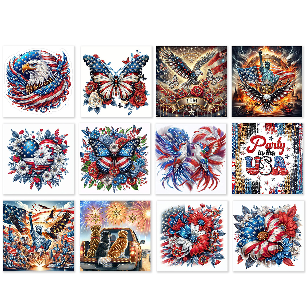 12Pcs DIY Diamond Painting Single-sided Greeting Card - Independence Day