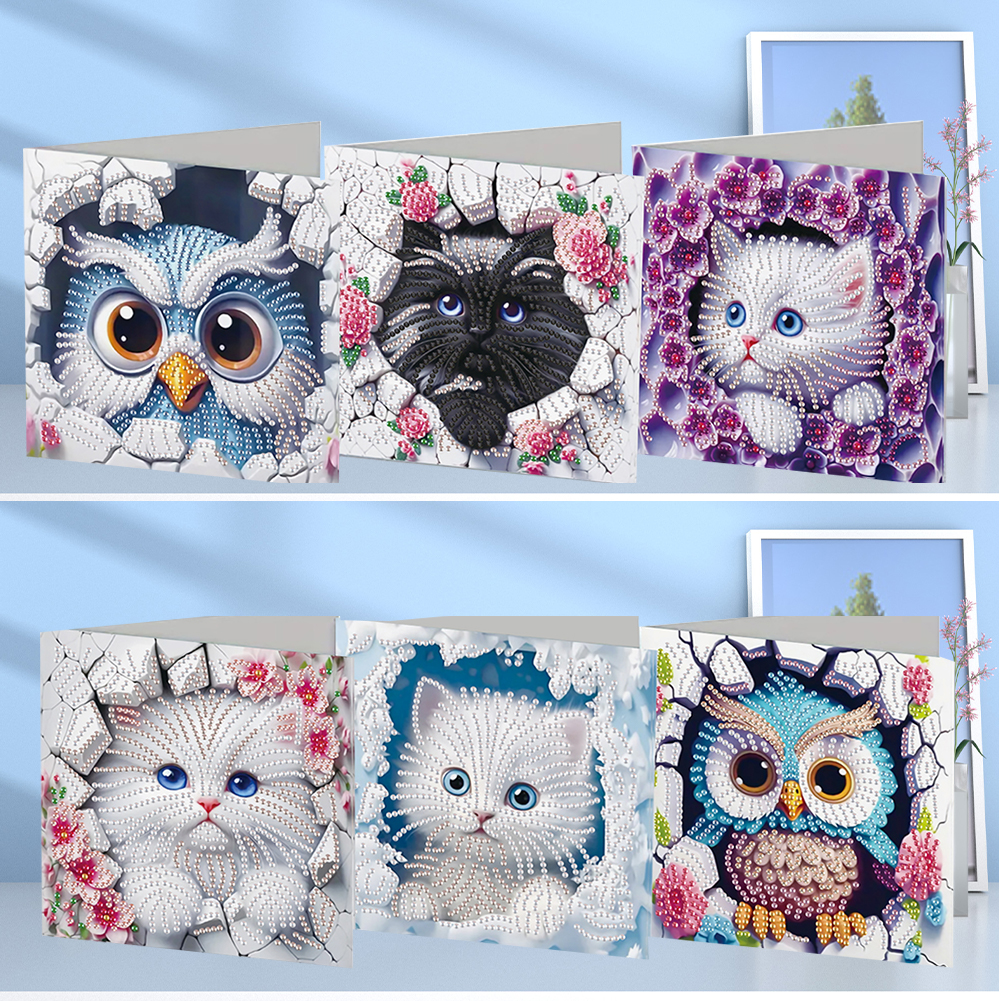6Pcs DIY Diamond Painting Greeting Card - Owl Cat