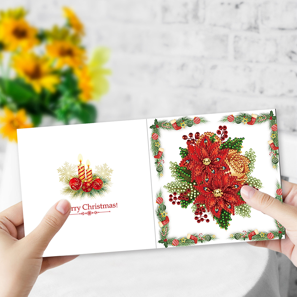 6pcs DIY Diamond Painting Greeting Card - Christmas Red Flower